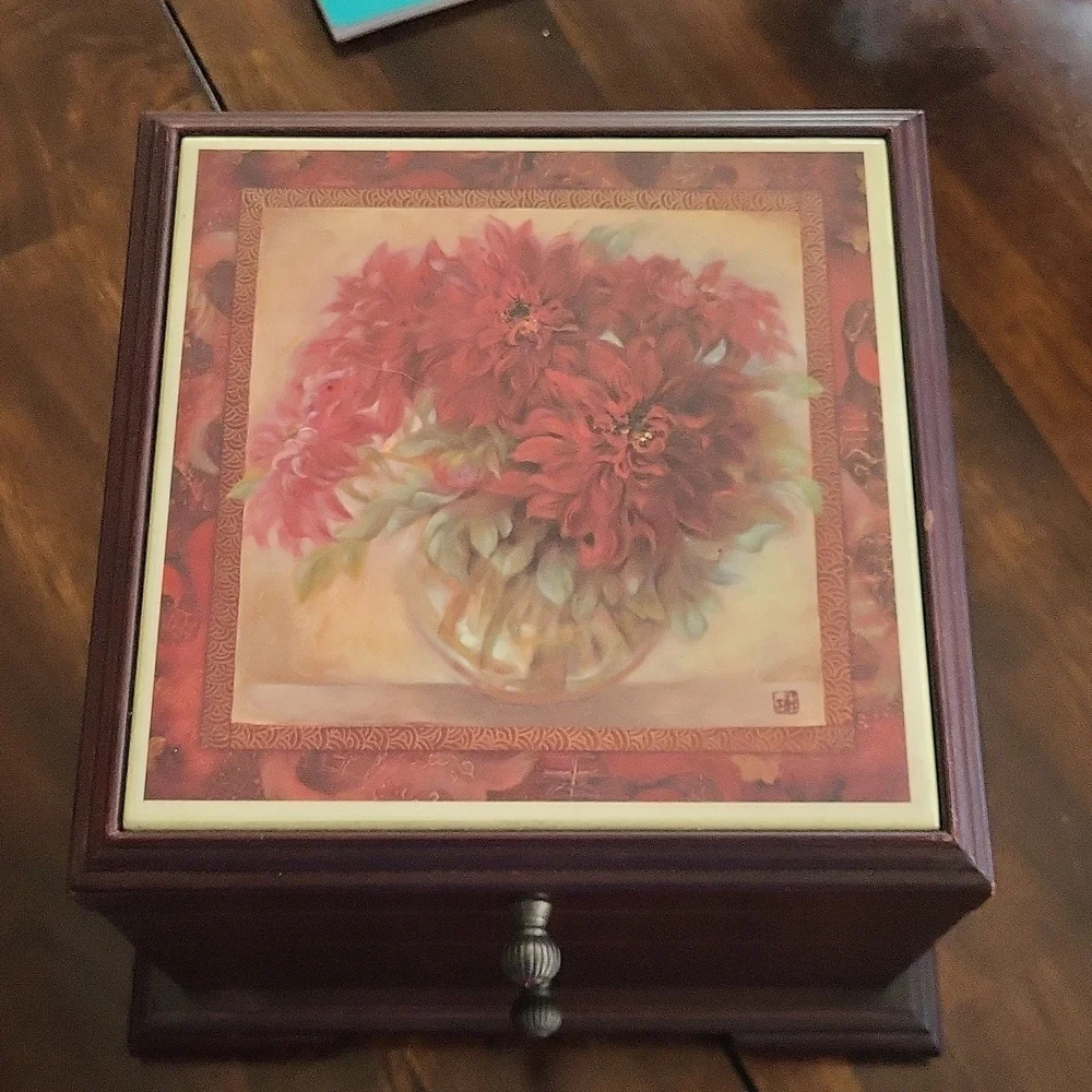 VINTAGE Art Floral Tile Wood Jewelry Box Lined